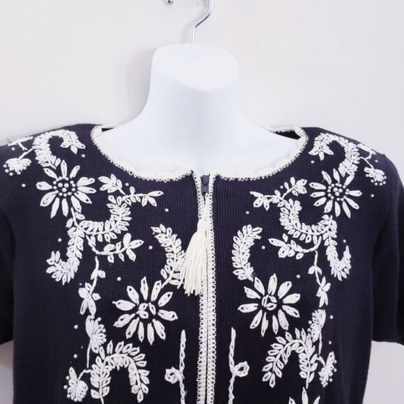 Vintage Black White Contrast Embroidered Short Sleeve Top Size S - Picture 2 of 8
